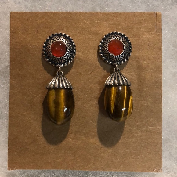 CAROLYN POLLACK Sterling Silver Tigers Eye Red Garnet Drop Dangle Earrings - Picture 3 of 10